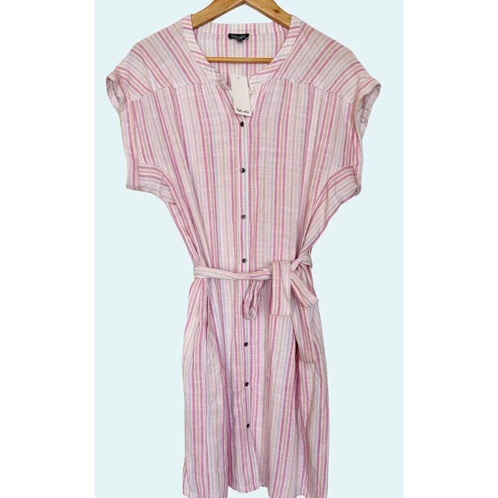 SPLENDID Wailea Hibiscus Pastel Stripe Linen Blend Full Button Dress Sz M NEW NW - Picture 2 of 8
